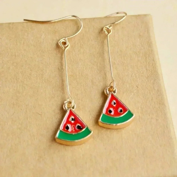 Hand Crafted Enameled Watermelon Slice Charm Dangle Gold Plated Earrings - Picture 1 of 1